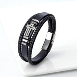 European American Style Cross Layered Leather Stainless Steel Men's Bracelet