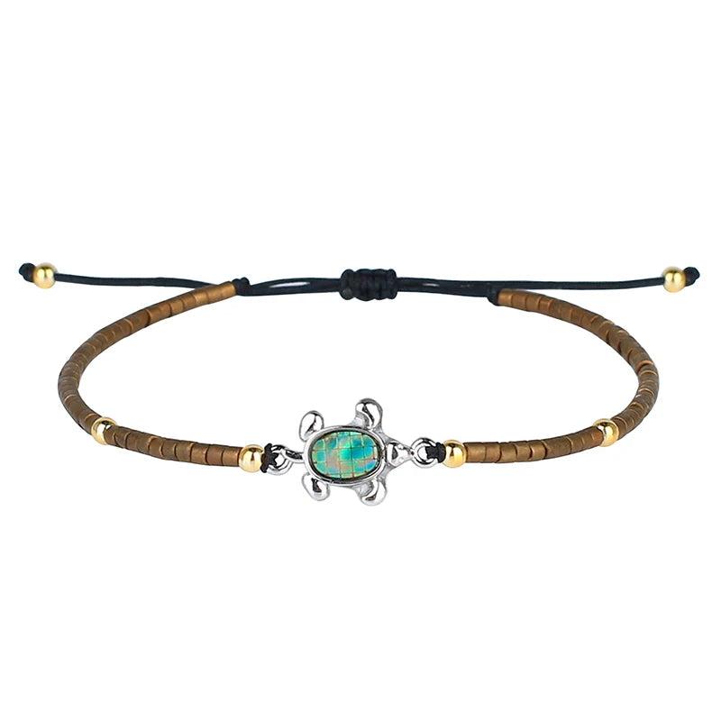 QUAN CHI Brown Charm Turtle Bracelet for Women Seed Beads Friendship Bangle