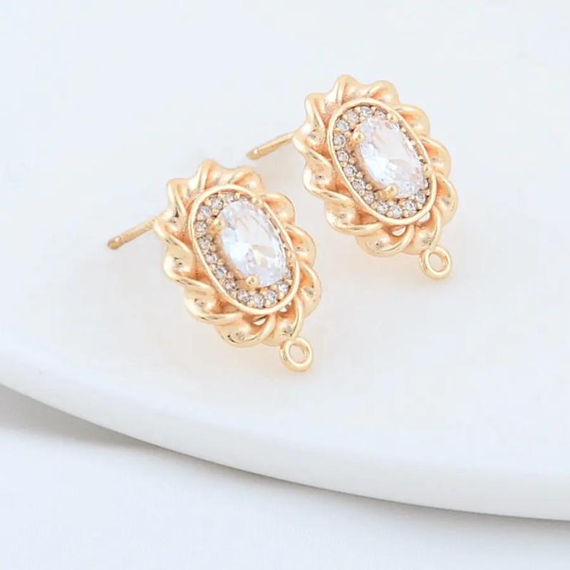14K Plated Brass Oval Stud Earrings with Zircon