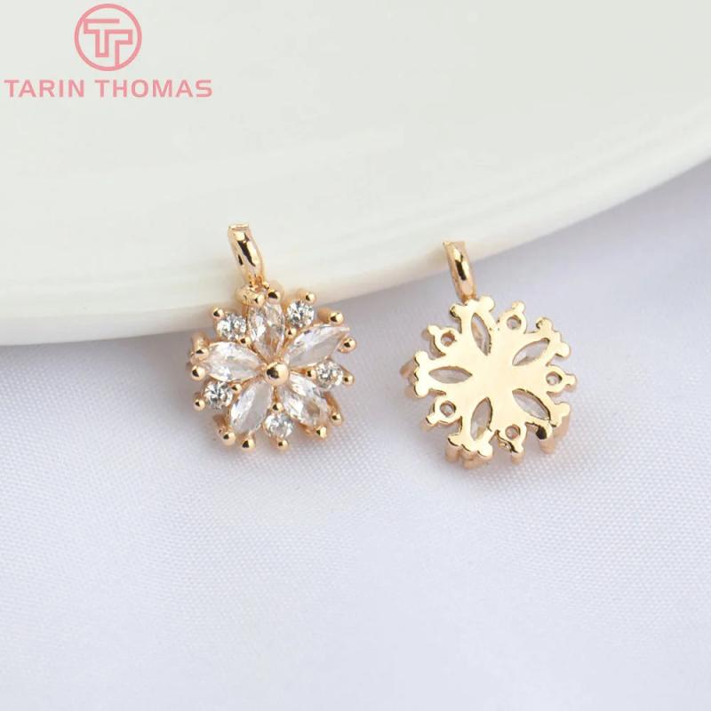 10PCS 9MM 24K Champagne Brass Zircon Flower Charm Pendants High Jewelry Findings