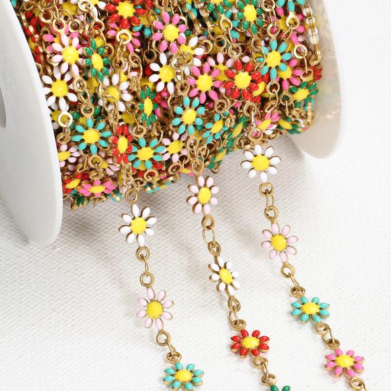 Stainless Steel Chain Enamel Daisy Flower Charm Chains for Jewelry Making