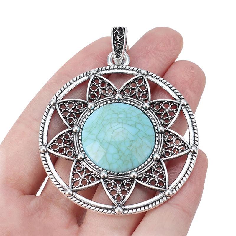 2pcs Tibetan Silver Flower Stone Charms Pendants Necklace Jewelry Findings