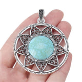 2pcs Tibetan Silver Flower Stone Charms Pendants Necklace Jewelry Findings