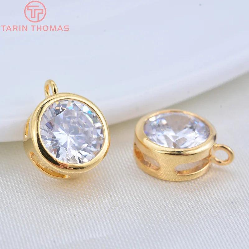 6PCS 24K Plated Brass Zircon Round Charms Pendants DIY Jewelry Findings