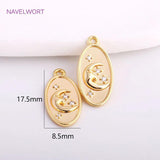 14K Oval Charm Brass Metal Sun/Moon/Star Pendants with Zircon Inlay
