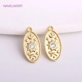 14K Oval Charm Brass Metal Sun/Moon/Star Pendants with Zircon Inlay