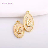 14K Oval Charm Brass Metal Sun/Moon/Star Pendants with Zircon Inlay