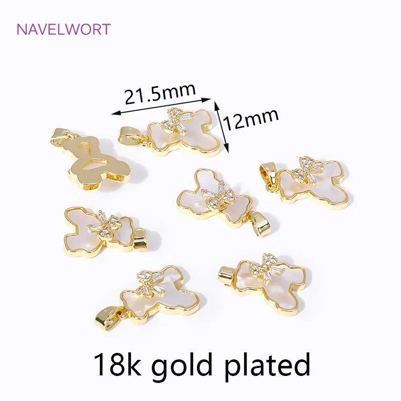 18K Plated Zircon Bowknot Bear Pendant Natural Shell Charms
