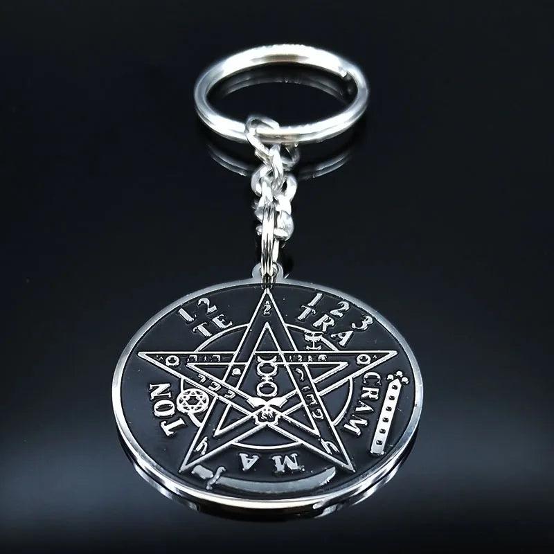 Witchcraft Tetragrammaton Pentagram Steel Key Chain Blessed Lord Shem Keyring