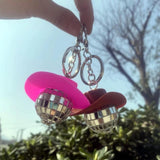 Pink Cowgirl CowBoy Hat Car Charm Rear View Mirror Hanging Disco Ball