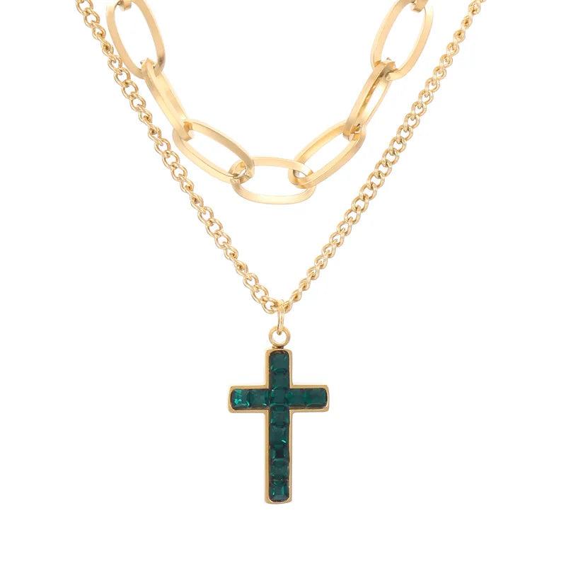 Stainless Steel Double Layer Necklace with Cross Charm