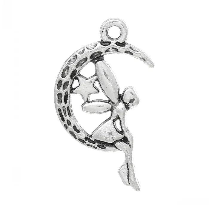 Retail Angel Moon Silver Charm Pendants 25x15mm, 100PCs