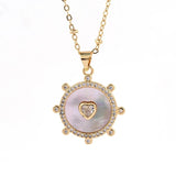 Shell Stone Round Charm Pendant Necklace With Zircon Heart, Women's Jewelry