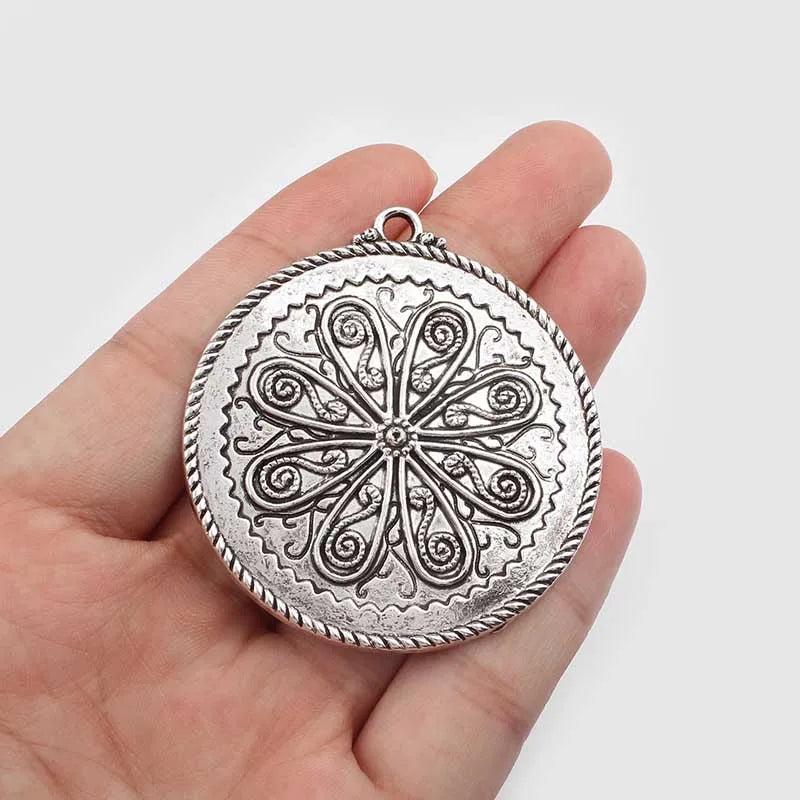 3PCS Antique Carved Flower Round Charms Pendant Jewelry Findings 52x47mm