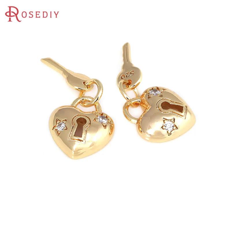 18K Brass Zircon Love Lock Key Charms Necklace Pendants