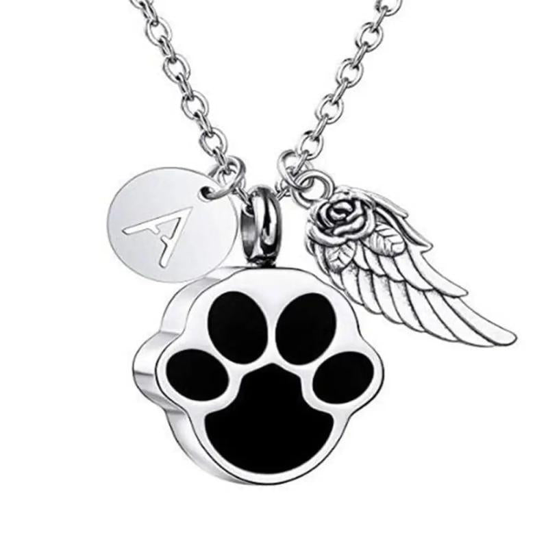 Paw Print Ashes Urn Pendant Necklace Stainless Steel Initial Charm Keepsake