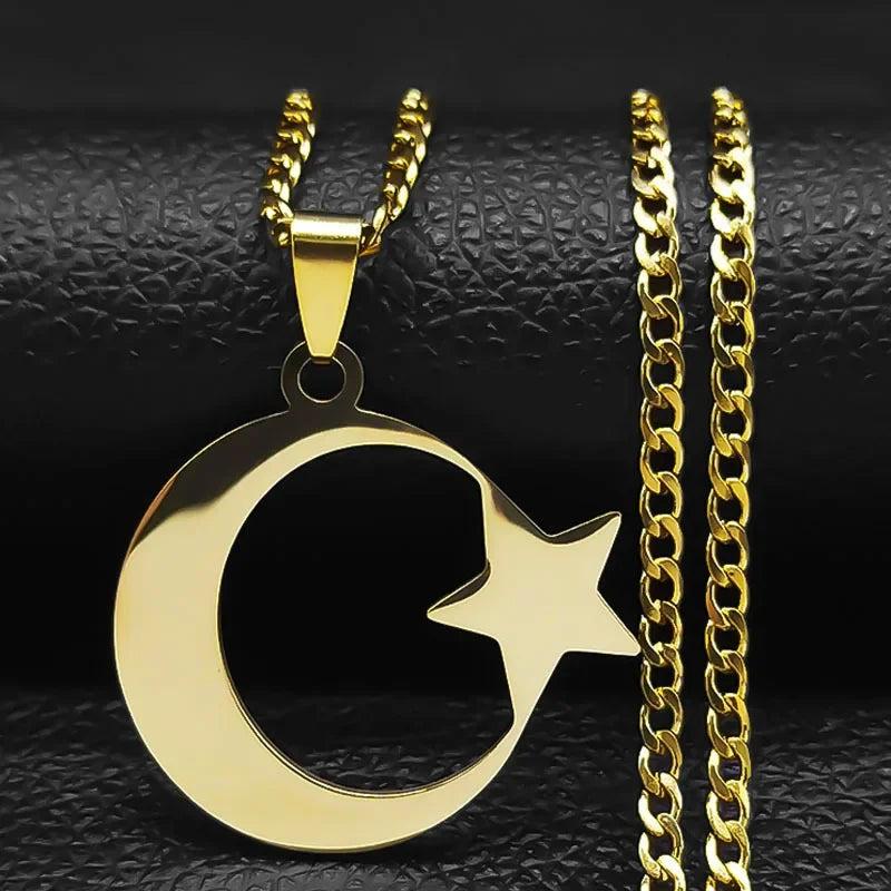 Stainless Steel Star Moon Pendant Chain Necklace Jewelry