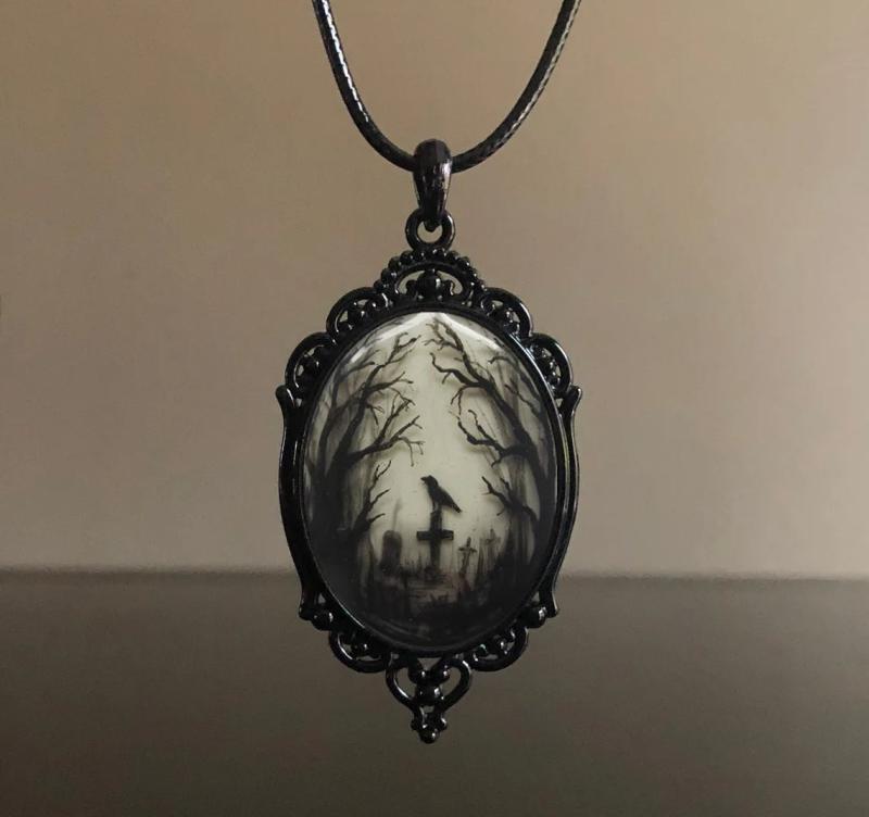 Halloween Gothic Crow Forest Charm Glass Necklace for Women