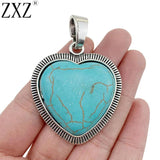 2pcs Tibetan Silver Large Heart Stone Charms Pendant Necklace Jewelry