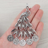 3 Large Tibetan Silver Filigree Peacock Charms Pendants for Necklace Making