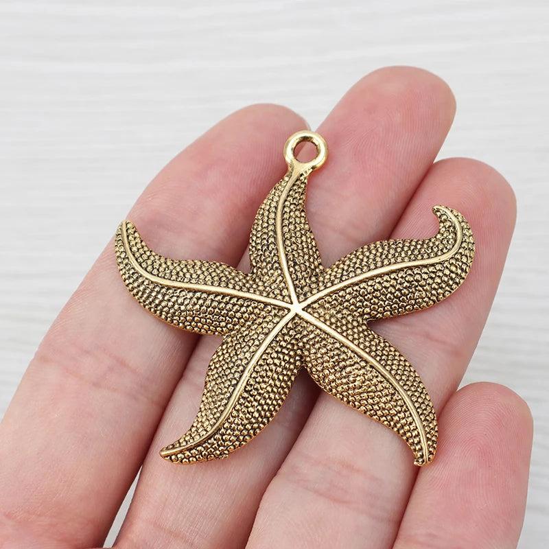 5 Antique Large Starfish Sea Star Charms Pendants for Jewelry Making 49x47mm
