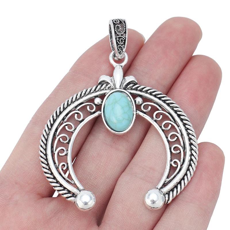 3x Tibetan Silver Large Crescent Moon Double Horn Faux Stone Charms Pendants