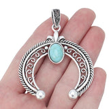 3x Tibetan Silver Large Crescent Moon Double Horn Faux Stone Charms Pendants