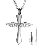 Angel Wings Cross Memorial Necklace Stainless Steel Urn Pendant