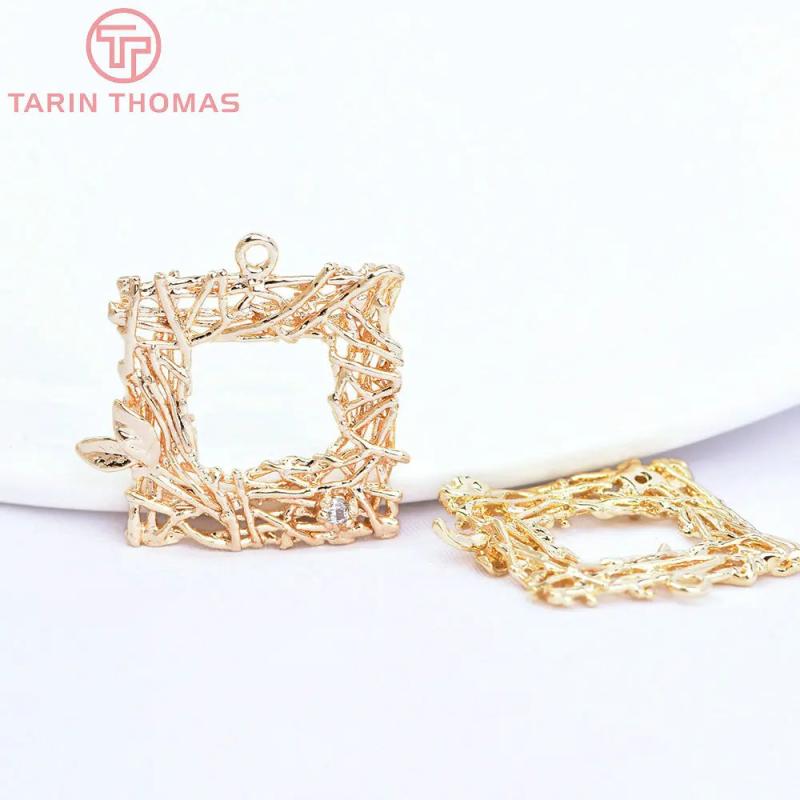6PCS 22x22MM 24K Champagne Brass Square Leaves Branches Charms Pendants