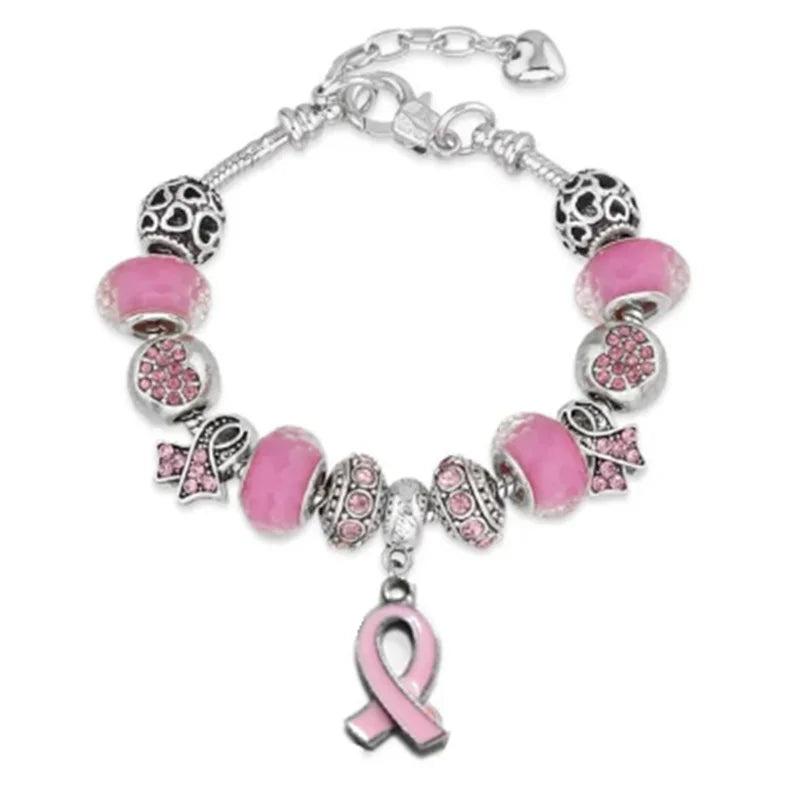 Breast Cancer Awareness Pink Ribbon Charm Bracelet