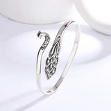 925 Silver Peacock Flaunting Tail Open Charms Bangle Women Sterling Jewelry