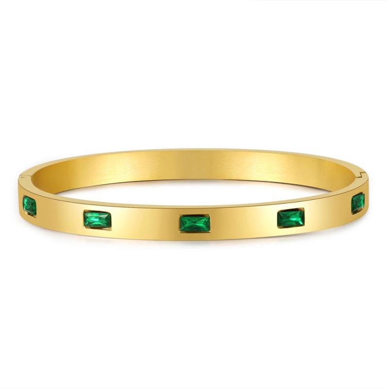 Green CZ Stainless Steel Bangle Bracelet for Women Charm Texture Open Bangle