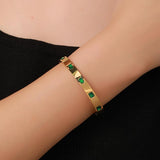 Green CZ Stainless Steel Bangle Bracelet for Women Charm Texture Open Bangle