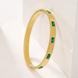 Green CZ Stainless Steel Bangle Bracelet for Women Charm Texture Open Bangle