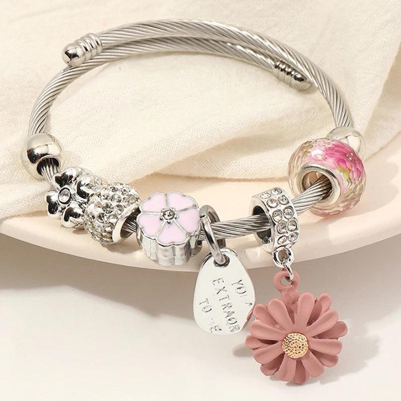 Pink Daisy Pendant Bracelet Stainless Steel Bangles for Women Men