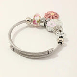 Pink Daisy Pendant Bracelet Stainless Steel Bangles for Women Men