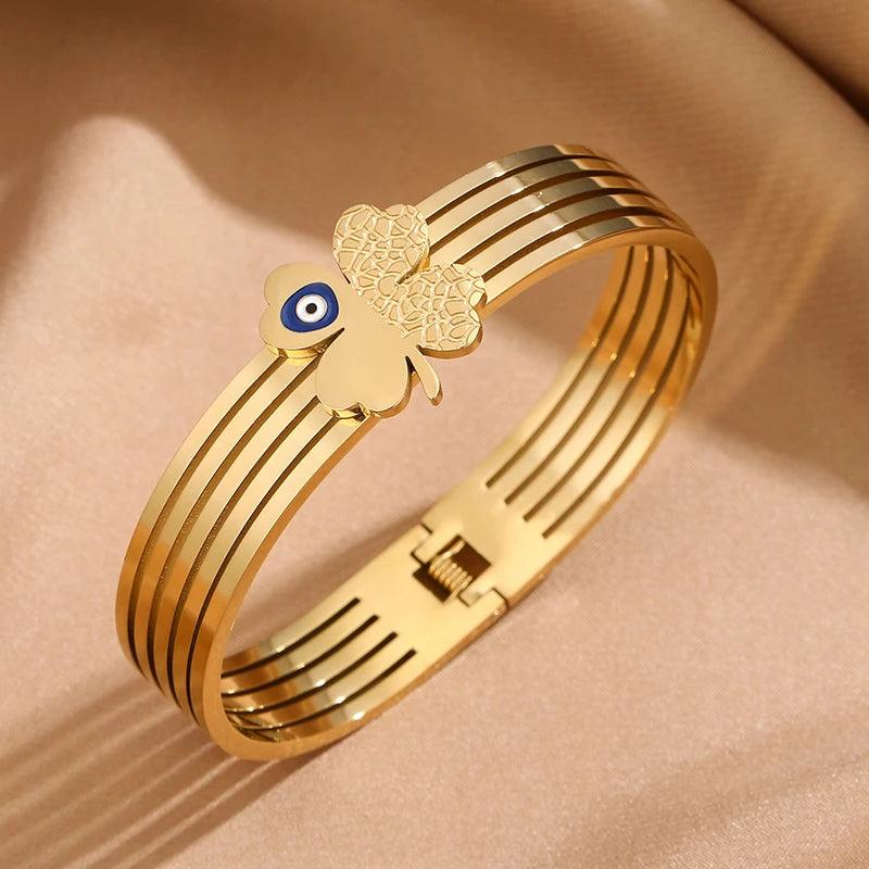 Stainless Steel Bangle Devil Eye Charm Four Leaf Lucky Flower