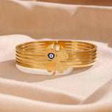 Stainless Steel Bangle Devil Eye Charm Four Leaf Lucky Flower