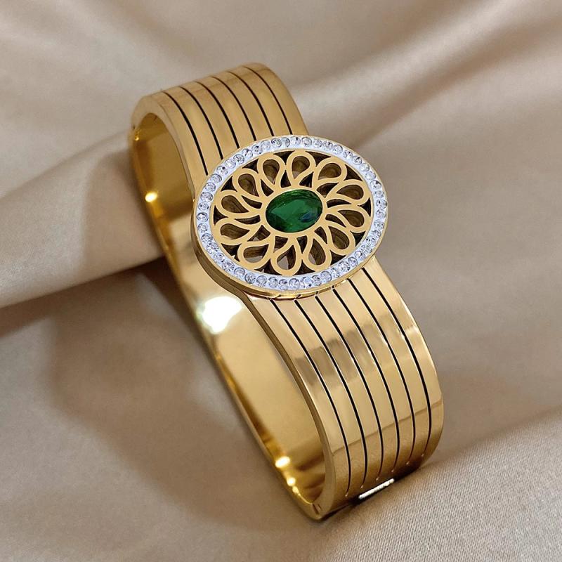 Green Zircon Cuff Bracelet Stainless Steel Bangle Women Sunflower Rhinestone