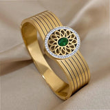 Green Zircon Cuff Bracelet Stainless Steel Bangle Women Sunflower Rhinestone