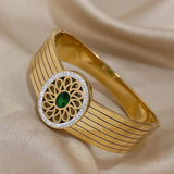 Green Zircon Cuff Bracelet Stainless Steel Bangle Women Sunflower Rhinestone