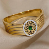 Green Zircon Cuff Bracelet Stainless Steel Bangle Women Sunflower Rhinestone