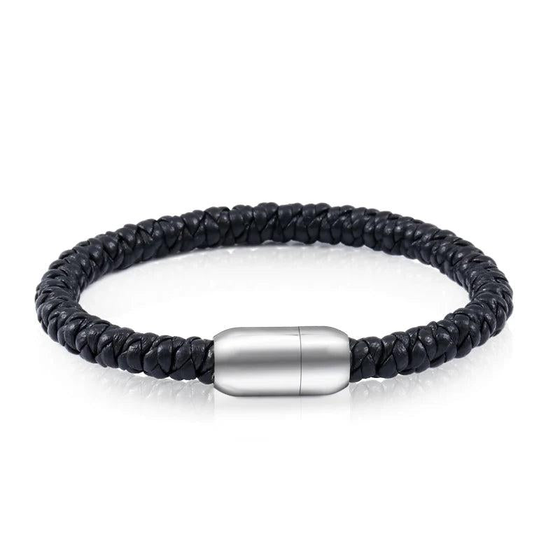 Men's Leather Bangle Bracelet Stainless Steel Charm Jewelry