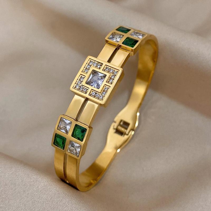 Emerald Green Zircon Stainless Steel Bangle Cuff Bracelet