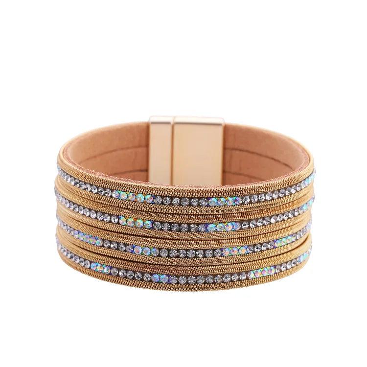 Boho Leather Crystal Wrap Charm Bracelet for Women