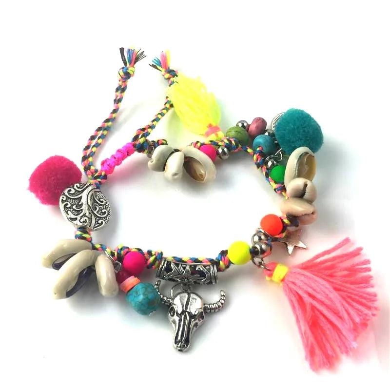 Boho Gem Shell Coral Bead Chain Tassel Multilayer Bracelet Set