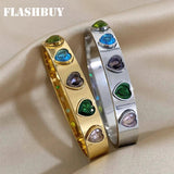 Crystal Heart Charm Bangle Stainless Steel Bracelet