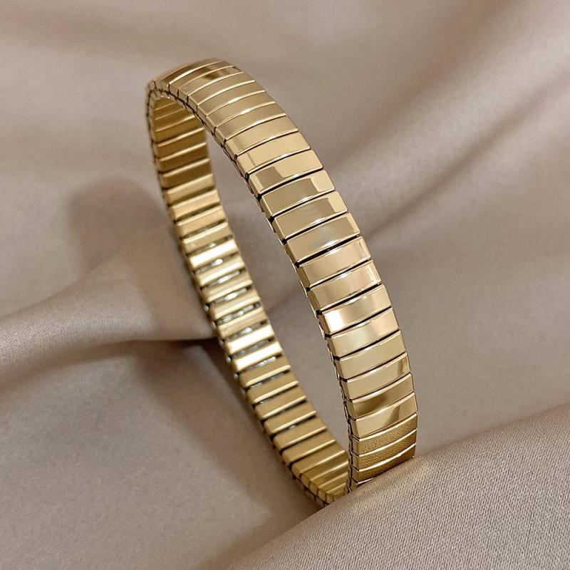 Chunky Glossy Elasticity Strap Stainless Steel Bracelet Bangle For Women