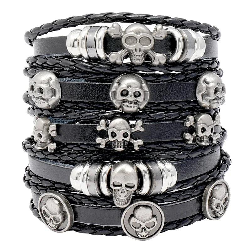 Punk Bangle 5 pcs/set Vintage Multilayer Alloy Skull Charm Leather Bracelets