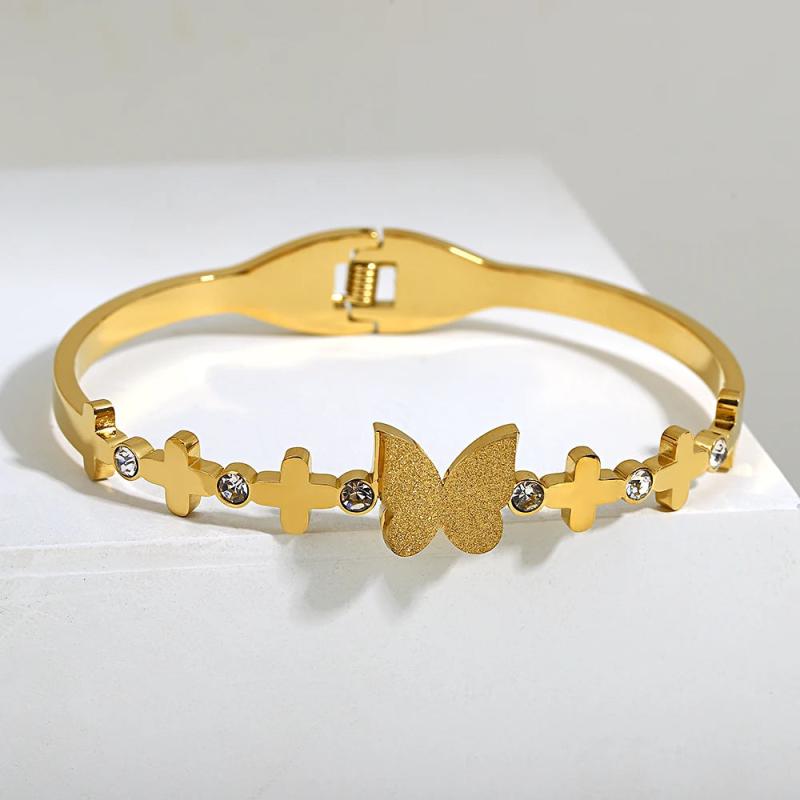 Stainless Steel Butterfly Bangle Bracelet Women 18K Plated Rhinestone Jewelry